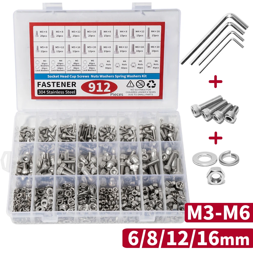 

912PCS Bolts and Nuts Kit M3 M4 M5 M6 Screw Assortment Set Hex Socket Head Metric Screws 304 Stainless Steel DIN912