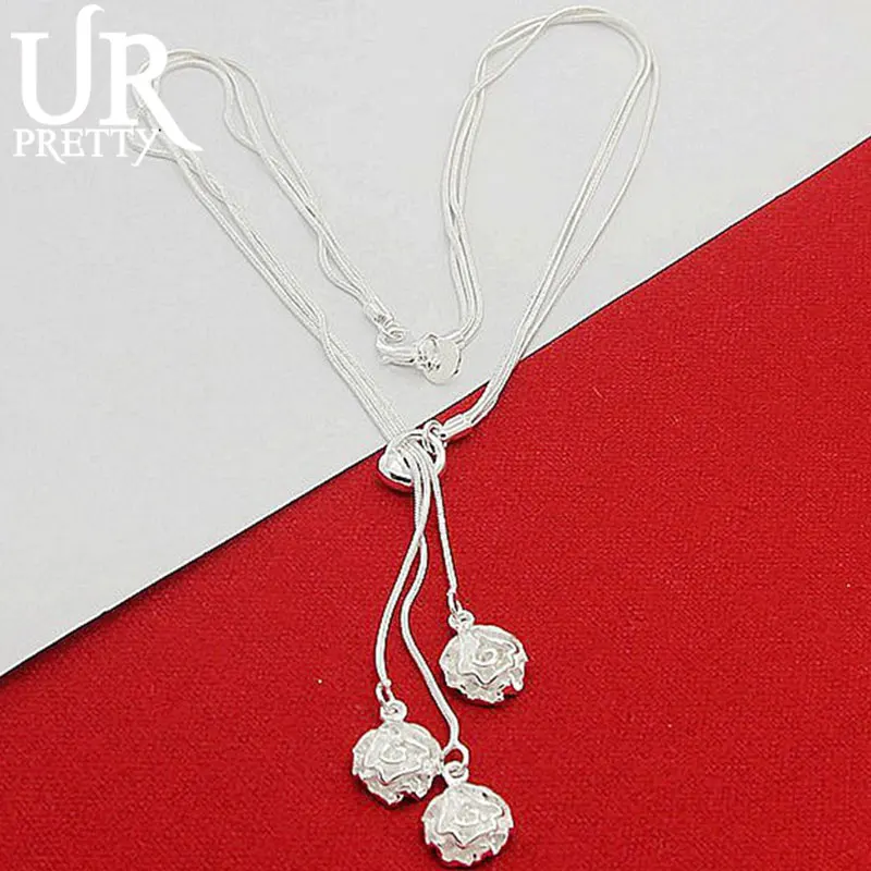 

URPRETTY 925 Sterling Silver Irregular Water Drops and Roses Chain 20 Inches Necklace For Woman Party Wedding Charm Jewelry Gift
