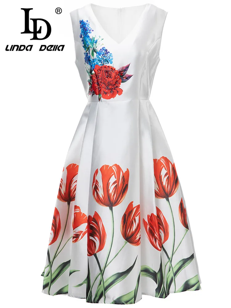 Женское винтажное подиумное платье LD LINDA DELLA плиссированное без рукавов с принтом