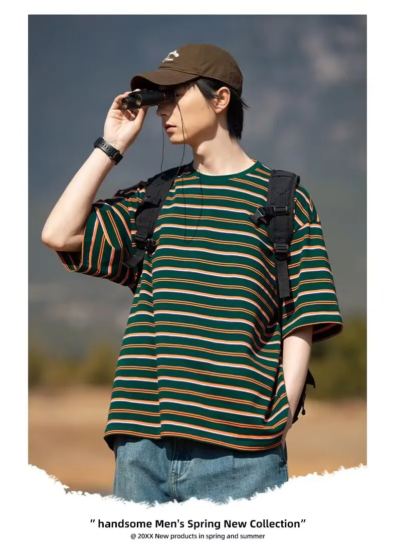 

Men's short-sleeved retro color contrast striped T-shirt summer couple loose casual round neck T-shirt