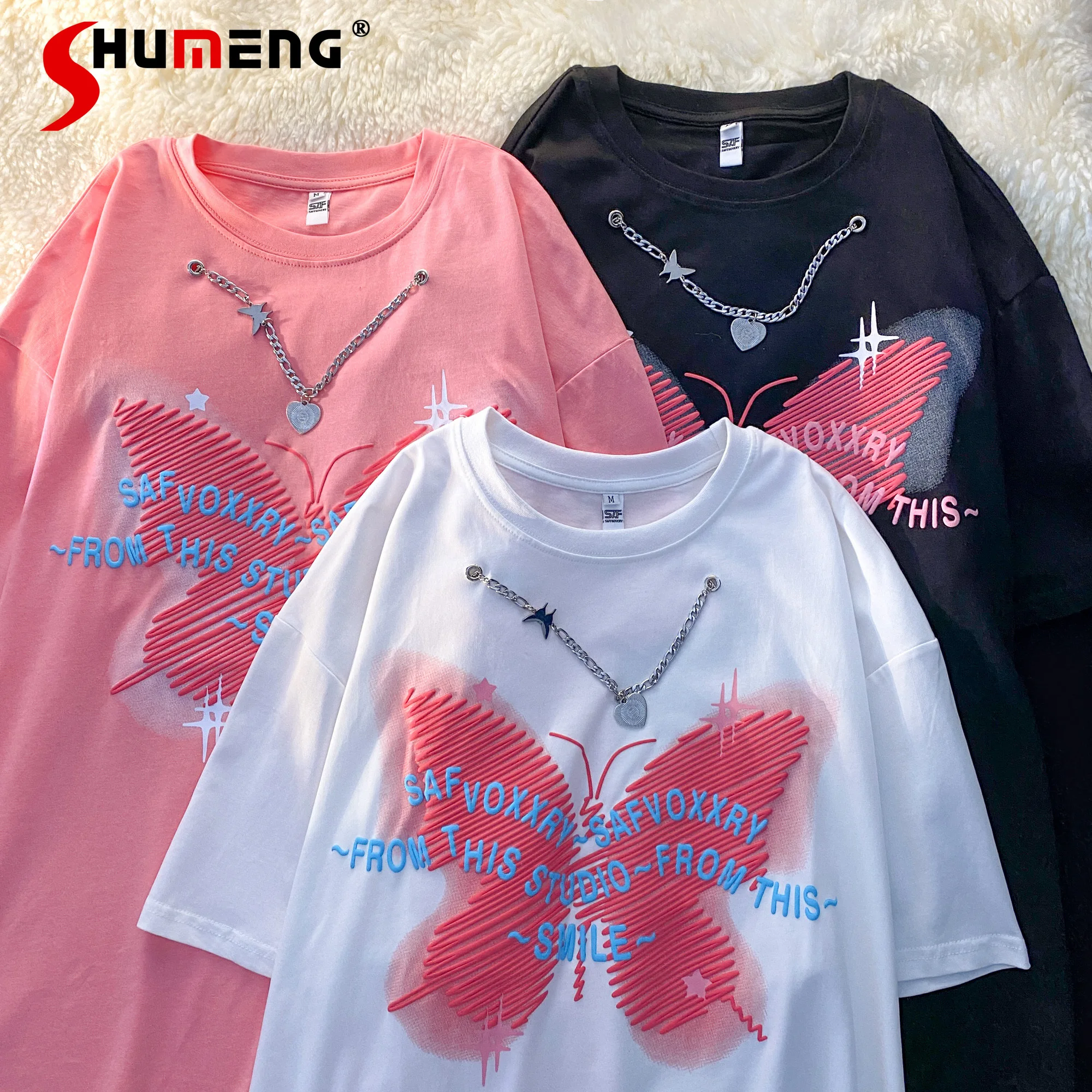 

Fashion Print Pink Necklace Round Neck Short Sleeve T-shirt Women Loose Oversized Casual Tshirt Top 2022 Summer Graphic T Shirts
