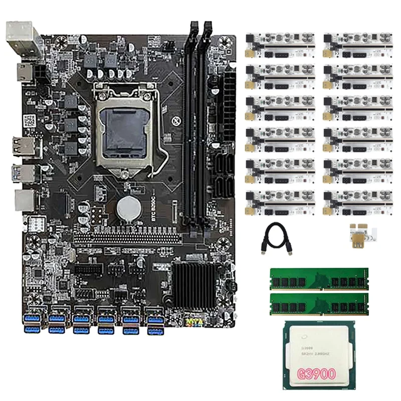 

B250C BTC Mining Motherboard Set With 12XVER010-X PCIE Riser Card+1XG3900 CPU+2X DDR4 RAM LGA1151 DDR4 DIMM 12 USB3.0