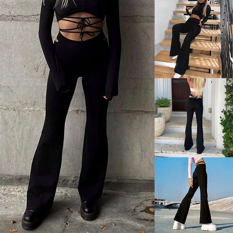

Women Flare Pants Slim High Waist Hip Hollow Out Folds Fashion Casual Flared Trousers Female Spring And Autumn