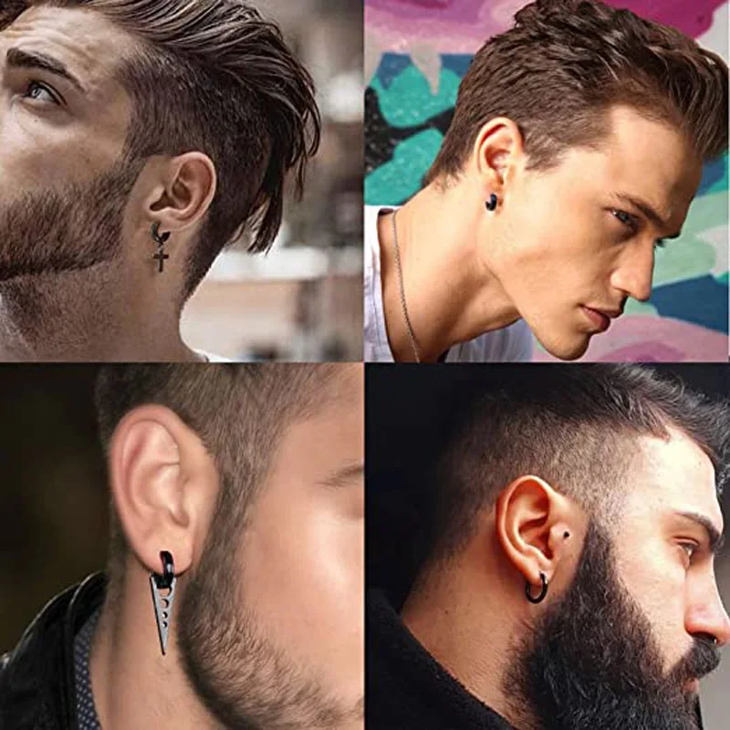 15 Pieces Clip on Earrings Set for Men Stainless Steel Black Fake Piercing Earring Mens Hoop Non-piercing Earrings images - 6