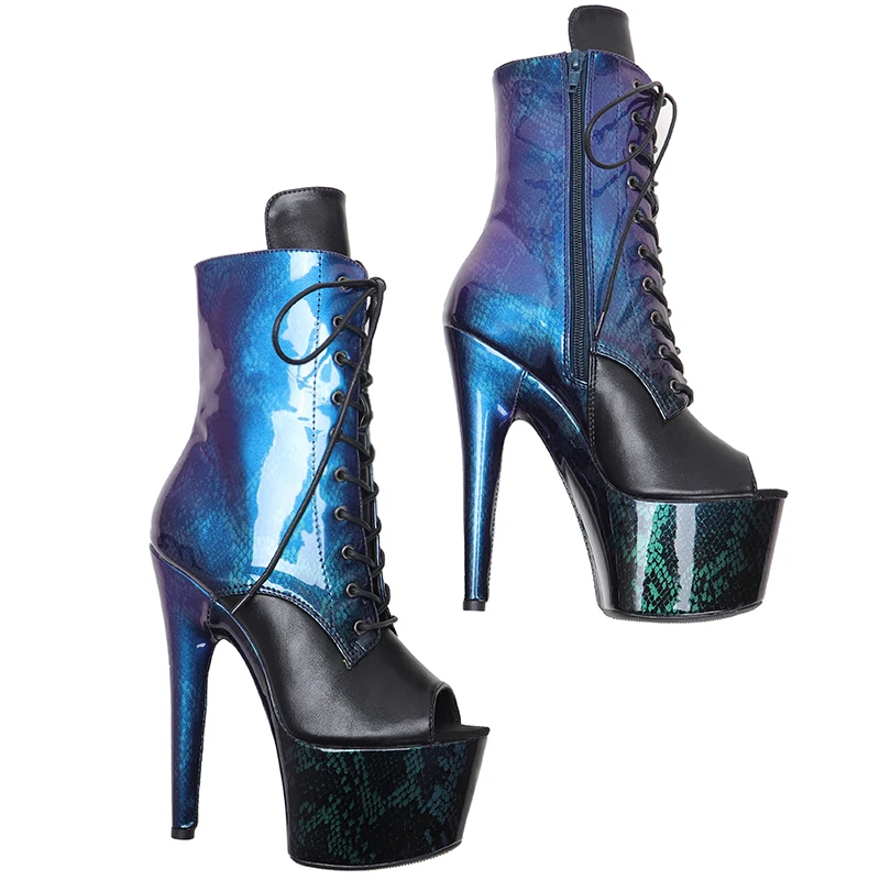 Leecabe 17CM/7Inch PU Upper Platform  Open Toe party High Heels Shoes Pole Dance boots