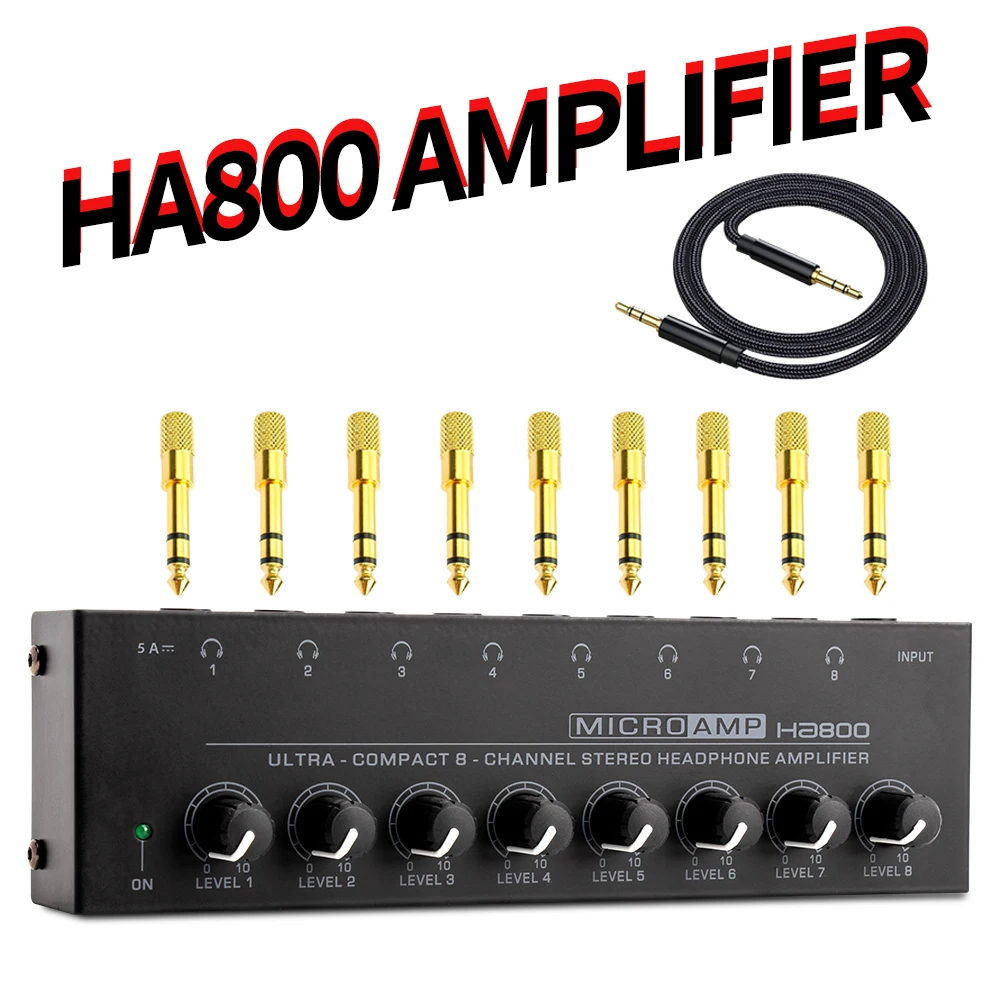 8 Channel Headphone amplifier Audio HA800 Stereo Amp Microamp Amplifier for Music Mixer Recording Ultra-Compact Sound amplifier