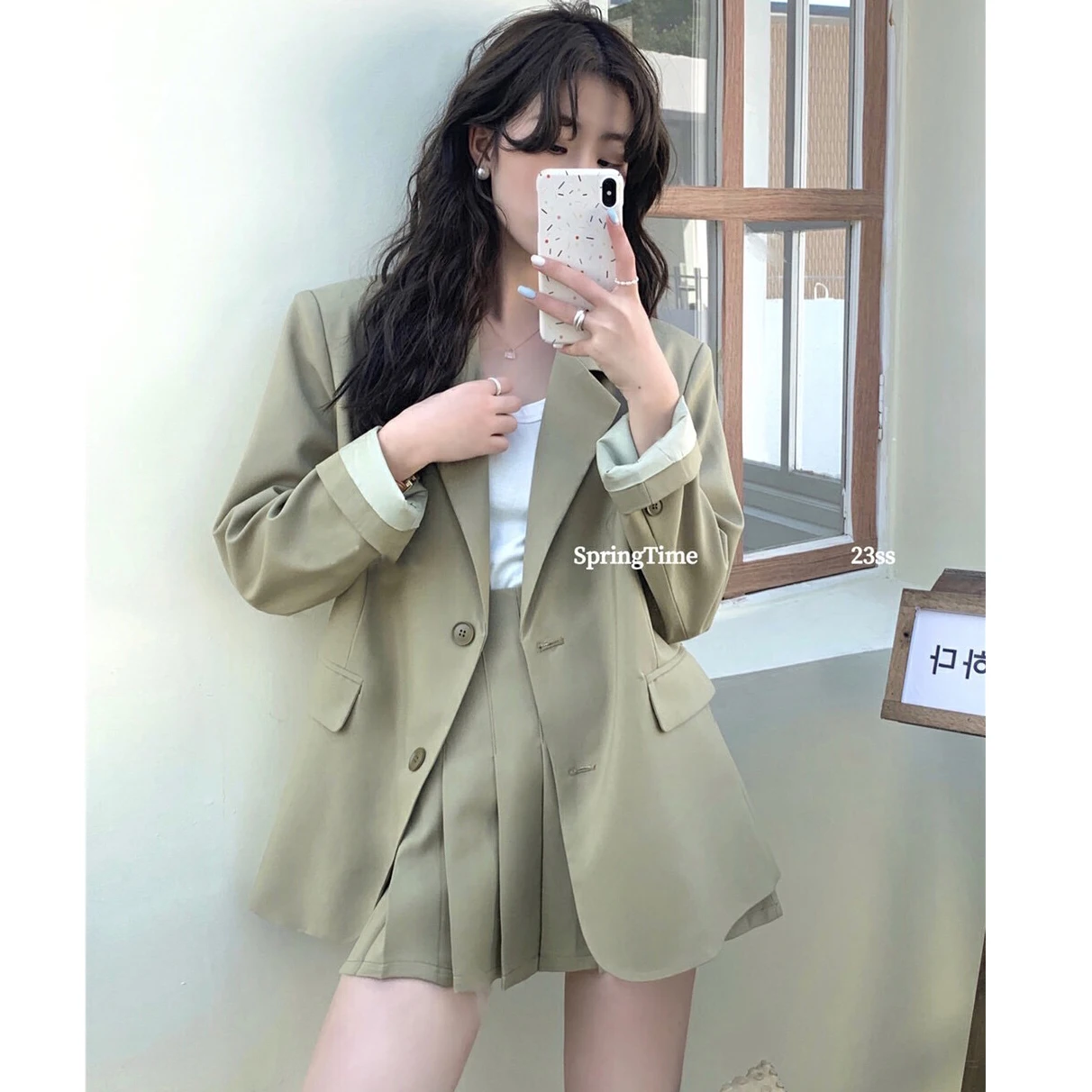 Long Sleeve Single-Brewed Suit Jacket Pleated Skirt Two-Piece Set Female Student 2023 Spring New Skirt Suits Women Clothes