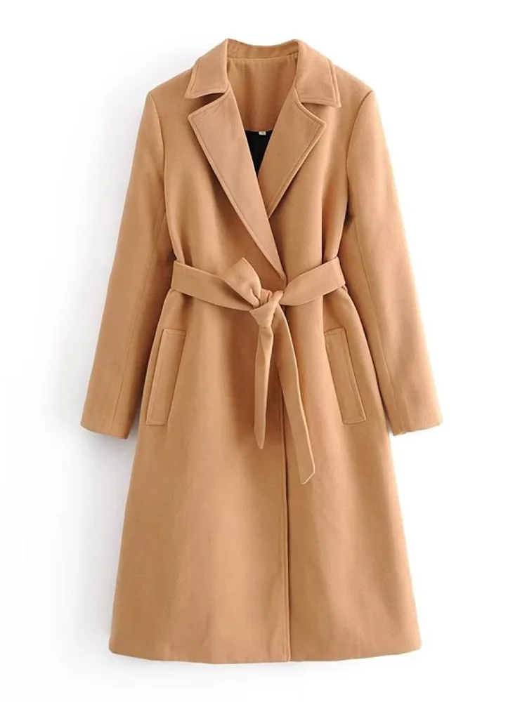 

Wool Blends Overcoat Coats 2022 Autumn Winter Women Casual Solid Sashes Bow Female Elegant OL Loose Outerwear Clothing