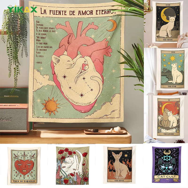 

Tarot Cat Tapestry Wall Hanging Blanket Sun Moon Eternal Heart Aesthetic For Living Room Kids Bedroom Art Home Decor Accessories