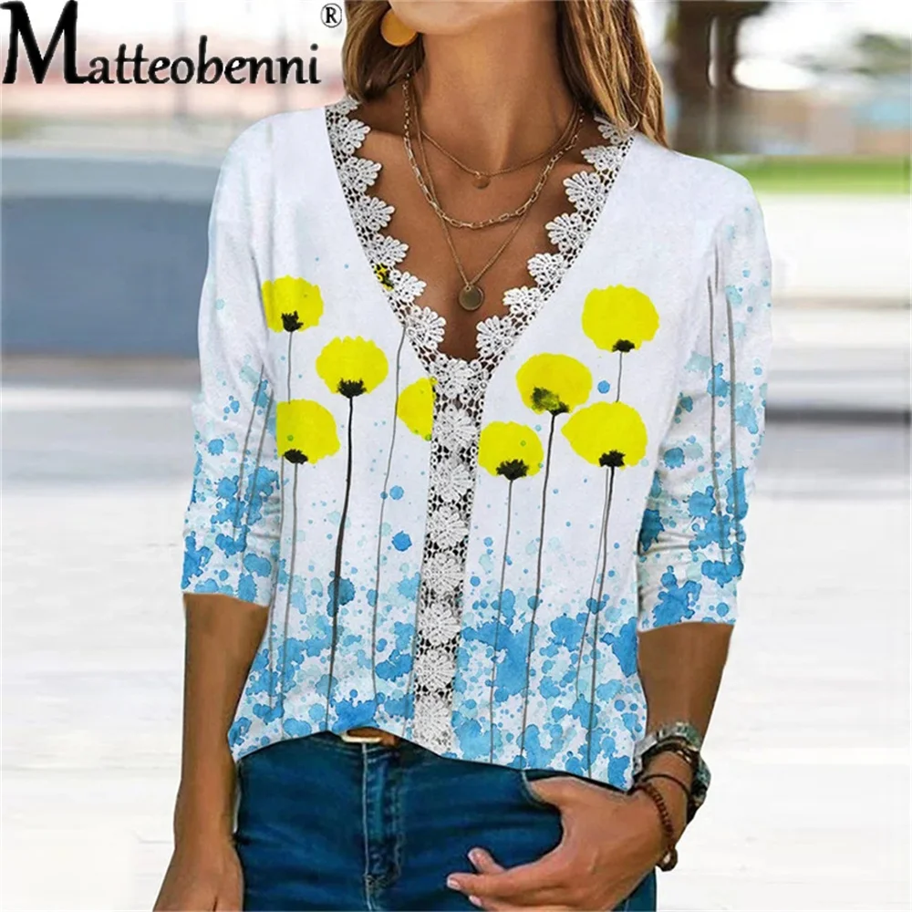 Женская Кружевная футболка с V-образным вырезом и рукавом 2022