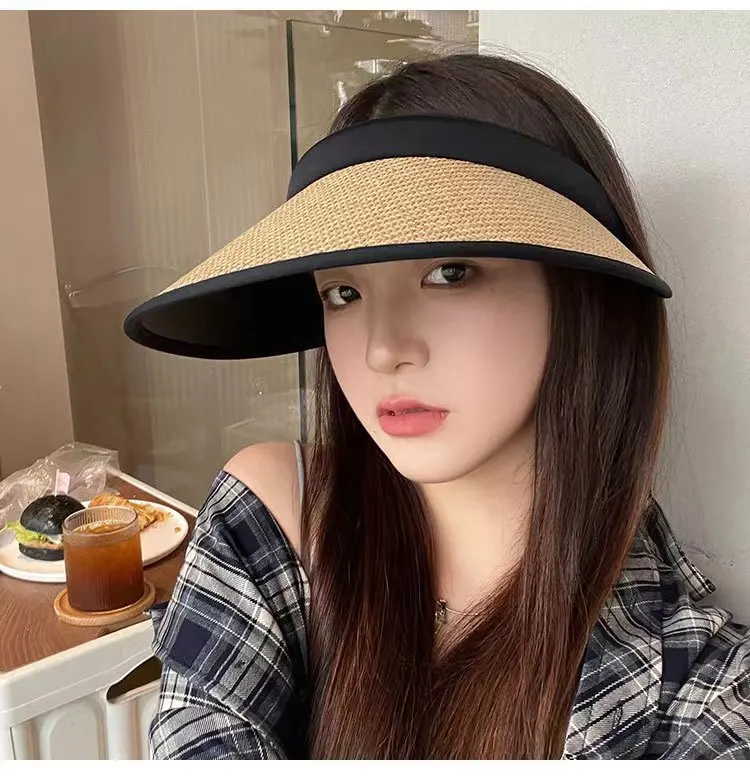 

Korean hand woven straw sun protection Hat Women's sun protection hat empty top hat black glue UV proof Lafite summer hat