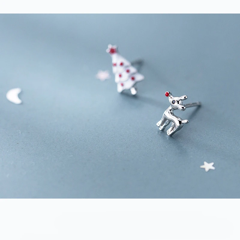

925 Sterling Silver Stud Earrings Deer Christmas Tree Asymmetrical Earrings for Women Girl Christmas Gift Jewelry for Women