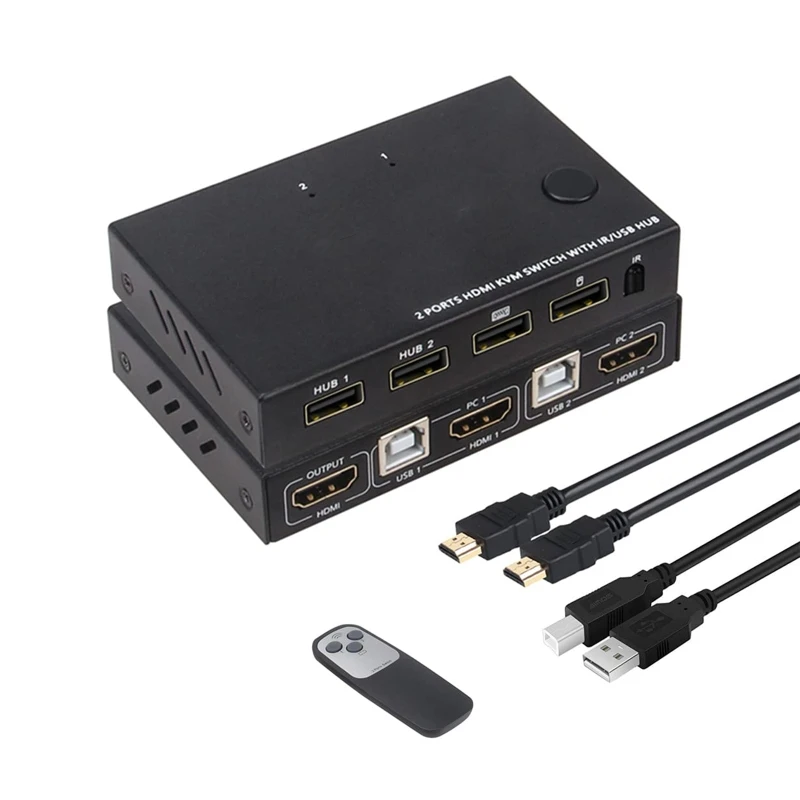 

KVM-переключатель, совместимый с 2 портами HDMI, 4K HDMI, KVM-переключатель с USB, выход 2 в 1, KVM для мыши, клавиатуры, принтера, ПК