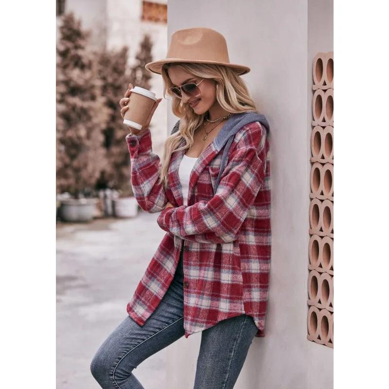 Womens New Flannel Plaid Jacket Hooded Casual Shirt In Autumn Winter of 2023 Blue Red Black Cropped Women Coat Jacket Female Top