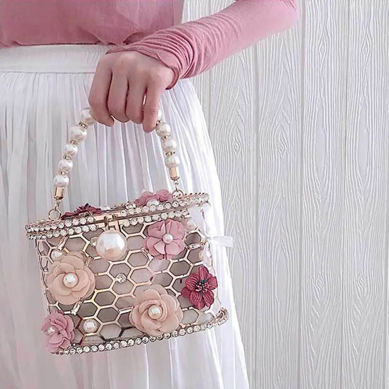 

Diamond Luxury Designer Handbag for Women Pearl Top Handle Bags for Women Floral Wedding Evening Bag Female Metallic Handbags