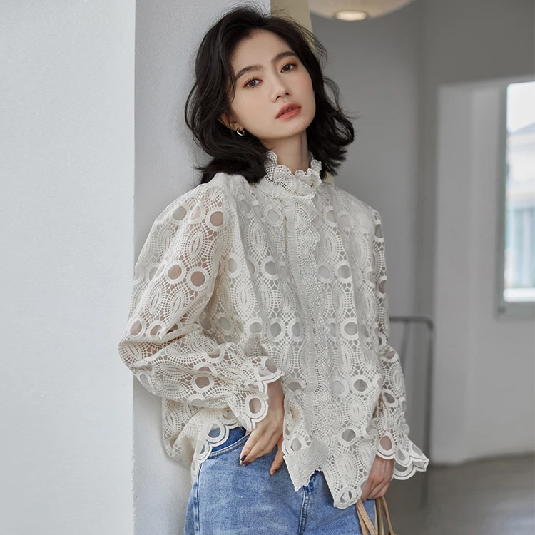

ZCSMLL Court Vintage Lace Hollow Out Flare Sleeve Shirt For Women Beige Long Sleeve Top Korean Fashion Blouse Autumn Spring