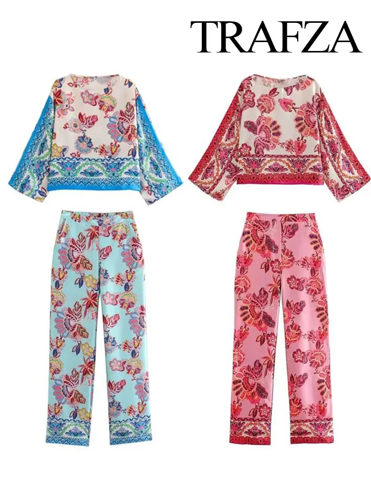 

TRAFZA 2023 Summer Women Fashion Two-Color Set Bohemia Printing Long Sleeve Tops＋Vintage High Waist Casual Long Pants Female