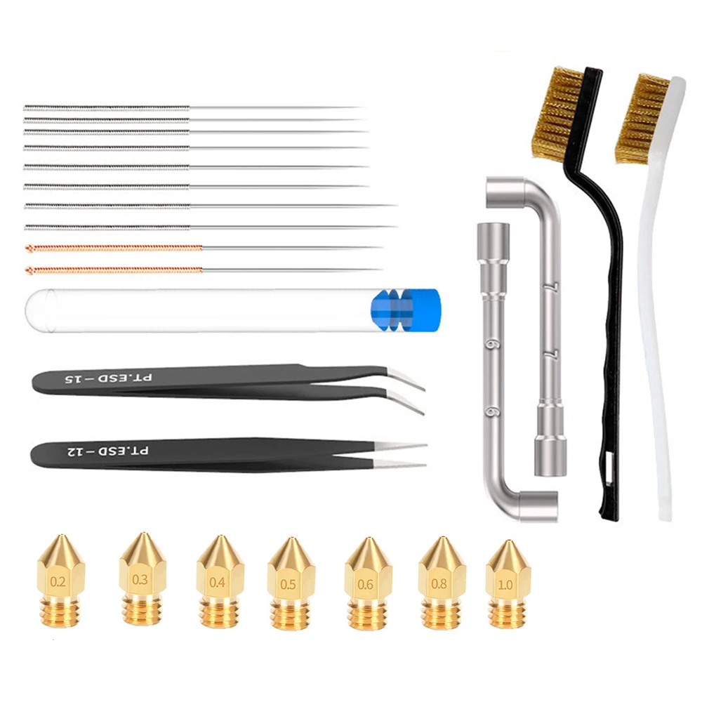 

RAMPS 3D Printer MK8 Brass Nozzle Cleaning Kit with Brush 0.4mm Cleaning Needles Tweezers L Spanner 1.75mm 0.2-1.0mm Nozzle