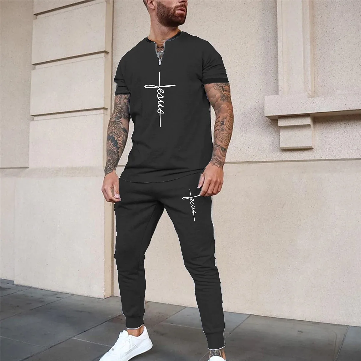 2023 Summer Men Short Sleeve Round Neck Solid Color Sets Simple Shirt And Casual Vintage Pants Two-piece Men's Clothing Suits