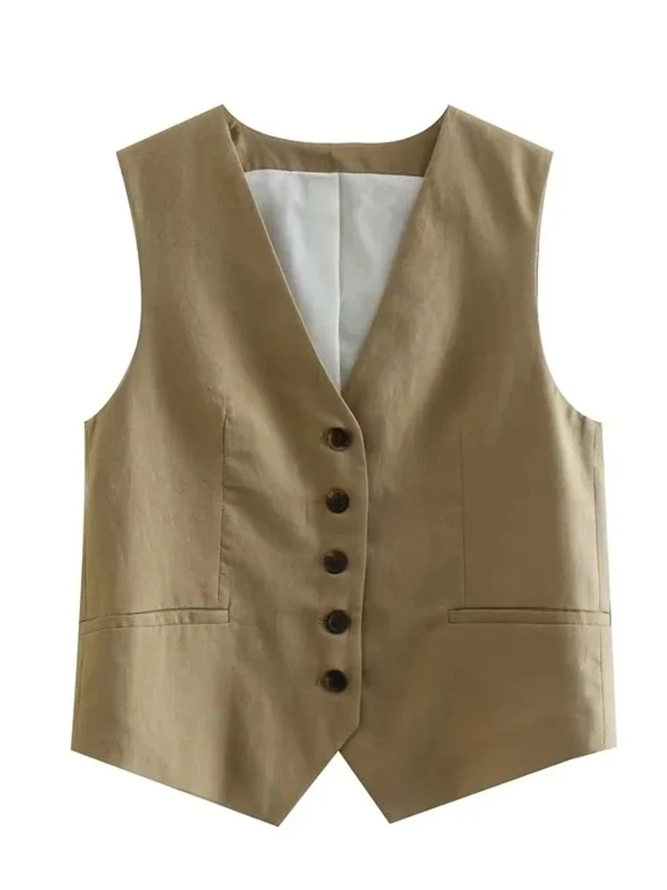 

Summer Girls New Casual Single Breasted V-Neck Sleeveless Short Tops Women Fashion Linen Blending Khaki Slim Vest Shirts Femme