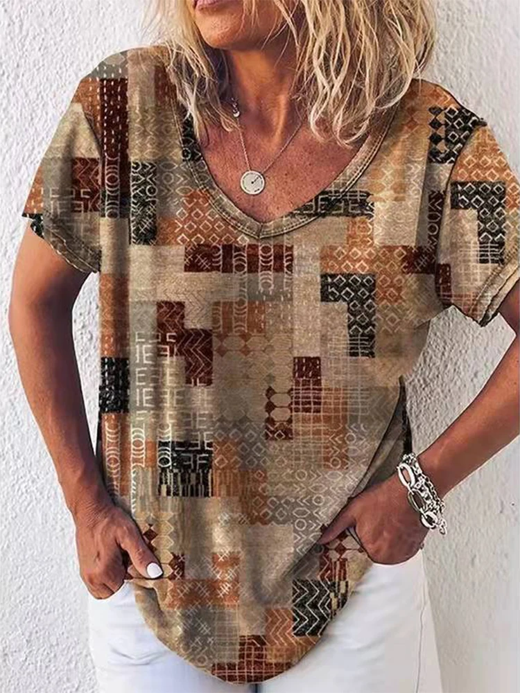 

Vintage Pattern Print Loose Blouse Harajuku Spring Summer Elegant V Neck Tops Pullover Women Casual Beach Tee Shirts Streetwear