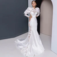 mermaid wedding gowns white open back long sleeves wedding dresses satin ivory lace applique zipper fashion bride dress beading