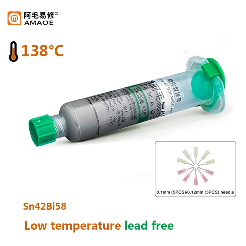 AMAOE Low temperature Lead-free SMT Solder Flux Tin Paste Syringe Melting Point 138℃ SMD Repair PCB BGA SMT chips Tin solder