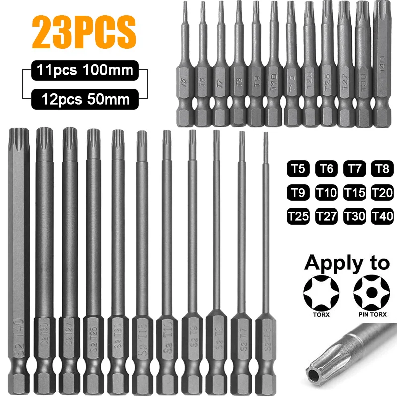 

23Pcs 1/4" Torx Bits Driver Tamper Proof Security Drill Magnetic Bit Set Torx Head Screwdriver Flat Head High Quality 50/100mm