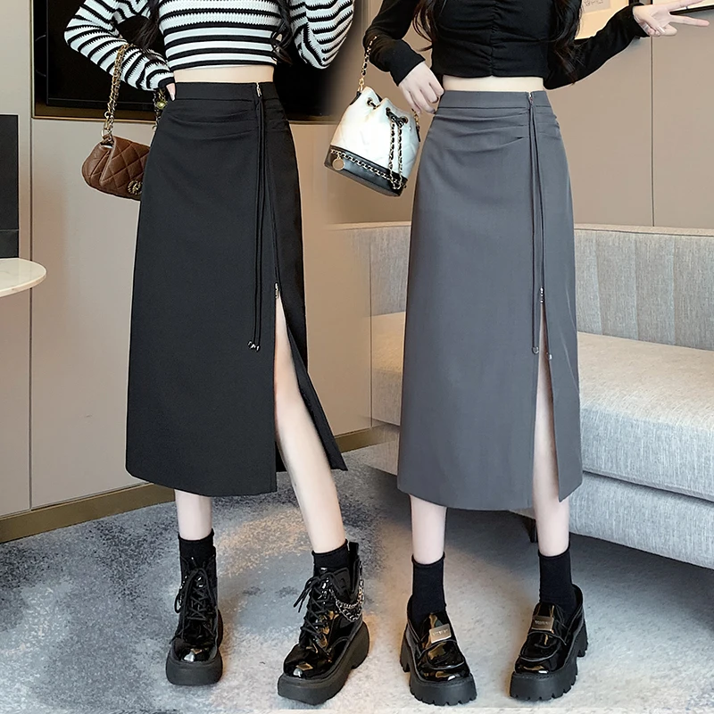 

Женская трапециевидная юбка, черная плиссированная юбка на молнии с высокой талией, на все сезоны, 2023