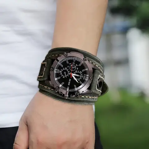 Мужские кварцевые часы с широким ремешком из искусственной кожи