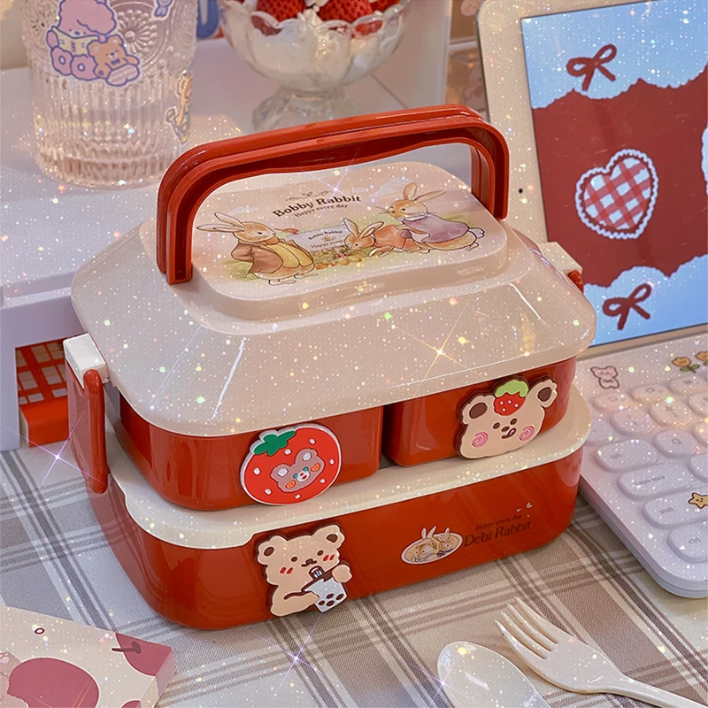 

Милый Ланч-бокс Kawaii, двойной студенческий Ланч-бокс Bento, коробки для микроволновой печи, пищевое хранение с независимой коробкой, столовые п...