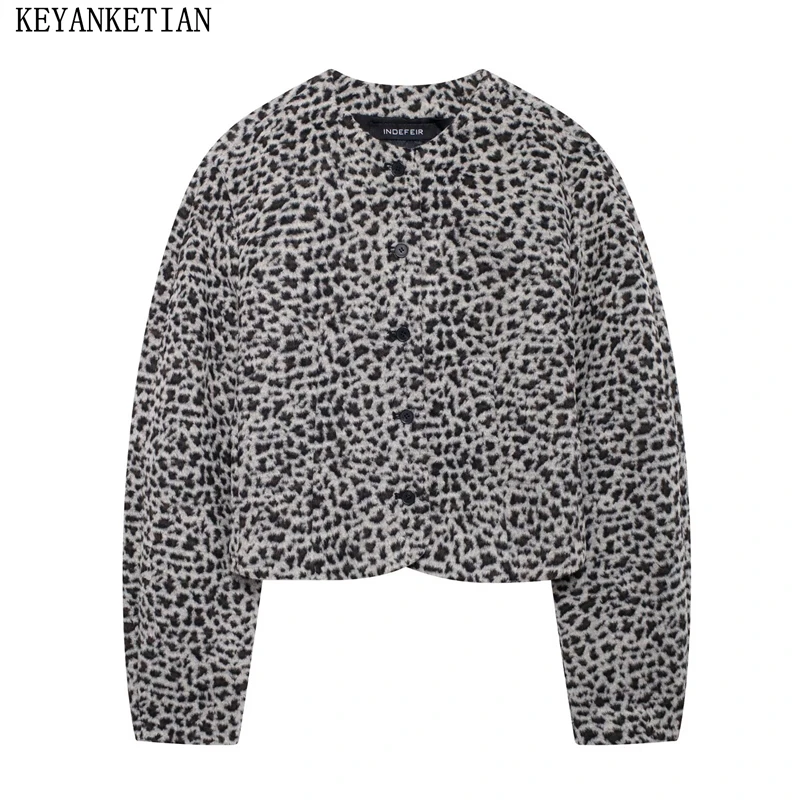 KEYANKETIAN 2024 осень/зима новая женская шерстяная куртка с леопардовым принтом