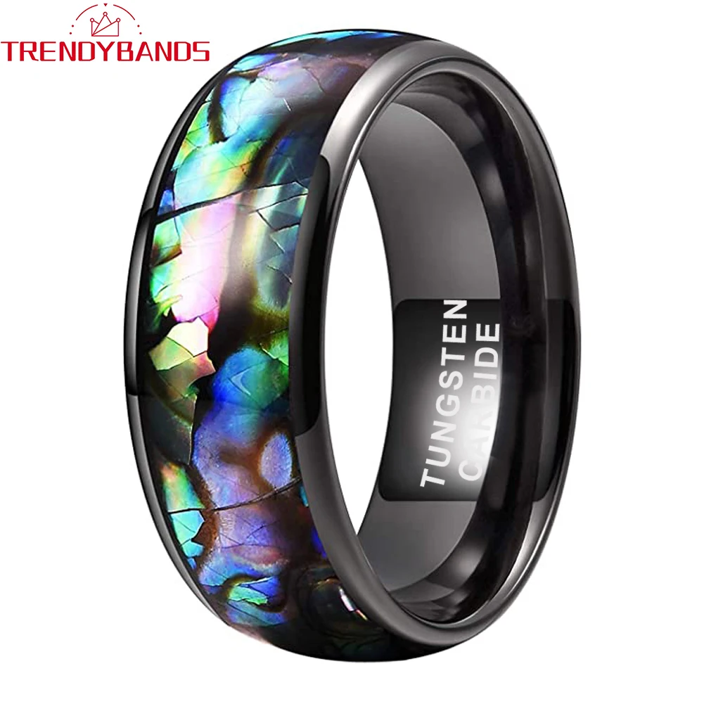 

4mm 6mm 8mm Black Tungsten Rings for Women Men Fine Jewelry Wedding Band Domed Abalone Shell Inlay Polished Shiny Comfort Fit