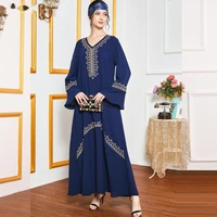 fashion morrocan kaftan dress heavy industry embroidery new women dress temperament french celebrity blue horn long sleeve dress