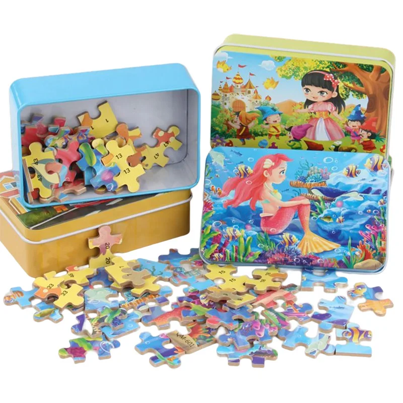 

60 Pcs Kids Wooden Puzzle Toys Cartoon Animals Wood Jigsaw Puzzle Game Baby Early Educational Toys for Children Gift
