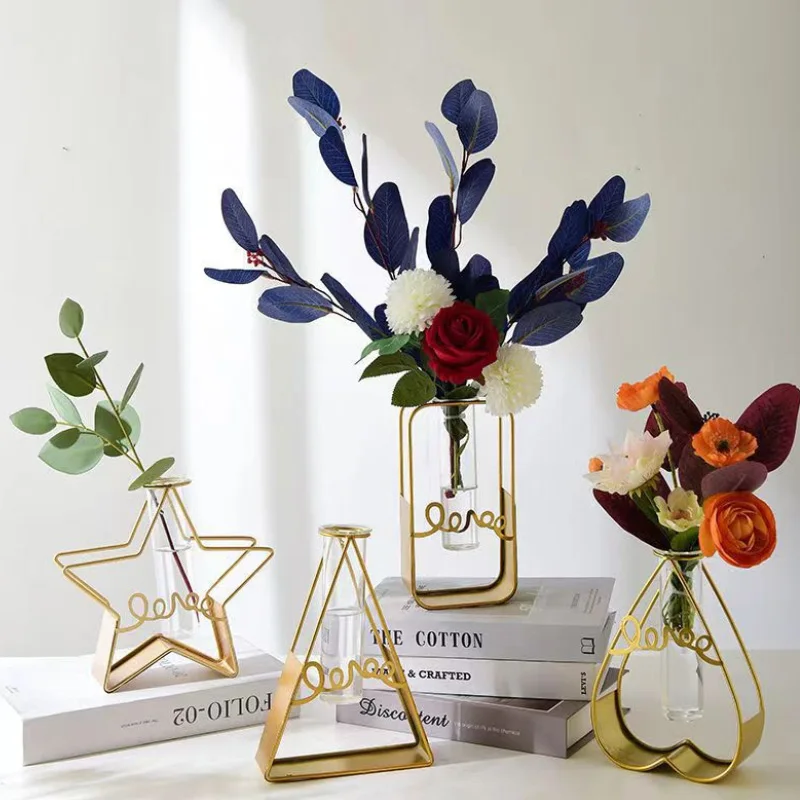 

Geometric Golden Glass Vase Flower Rack Bottle Hydroponic Plant Holder Metal Frame Iron Home Desktop Decor