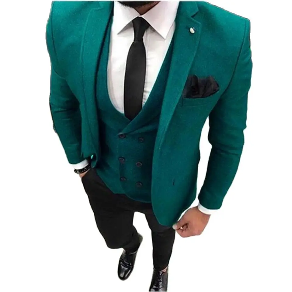 

New Classic Men’s Suit Smolking Noivo Terno Slim Fit Easculino Evening Suits For Men Green Tweed With Black Pants Wedding Mascul