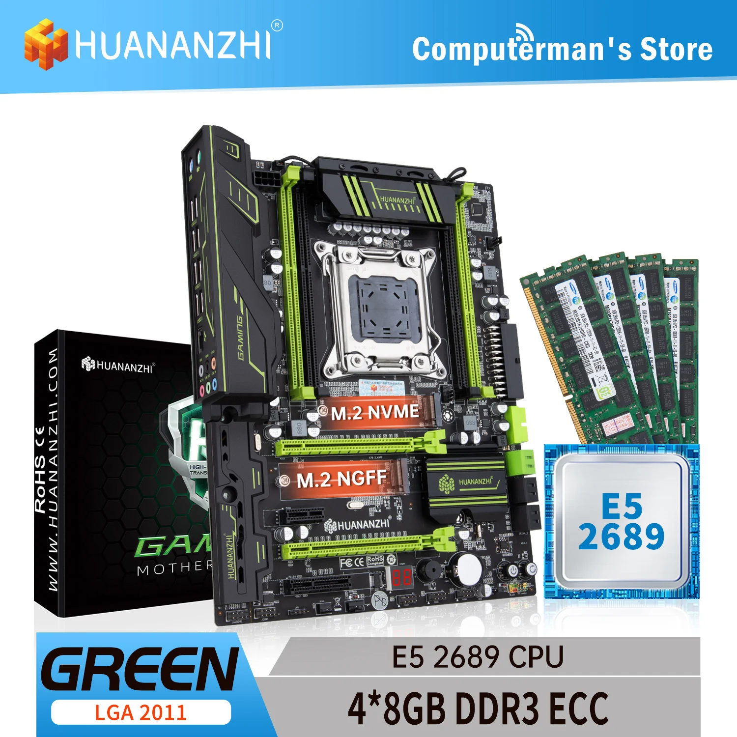 Материнская плата HUANANZHI GREEN LGA 2011 с Intel XEON E5 2689 память 4*8 ГБ DDR3 RECC поддерживает M.2 NVME