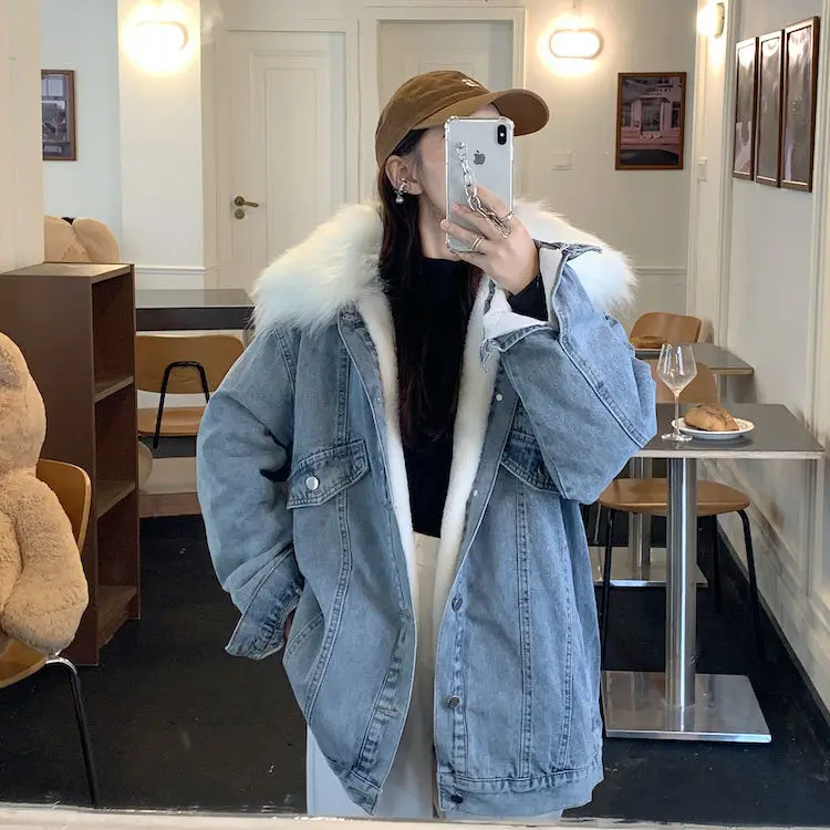 Denim Coat With Fluffy Collar Women's Winter Korean Version Loose new Harajuku Thickened Lamb Wool Top Fashion Warm Coat