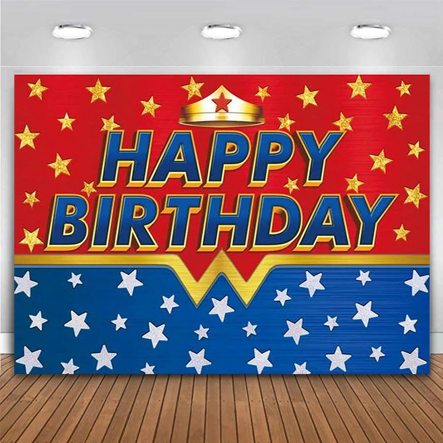 

Red Blue Birthday Backdrop Women Super Girl Theme Photography Background Crown Stars Party Decor 1st First Baby Shower Banner