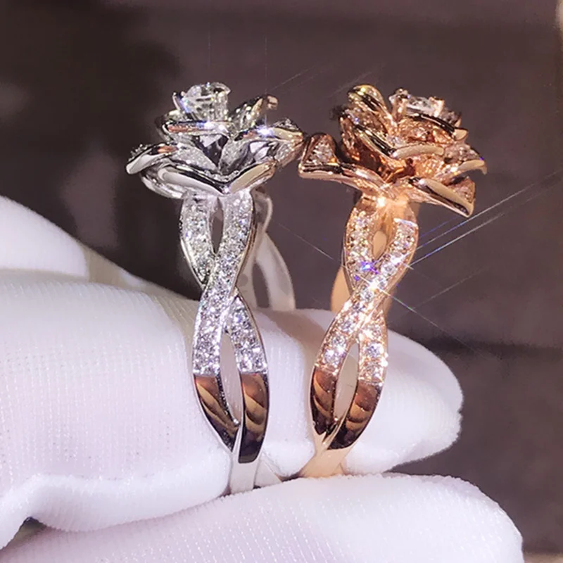 

Milangirl Fashion Rose Gold Color Flower Crystal Wedding Rings For Women Promise Birdal Engagement Rings Charms Jewelry