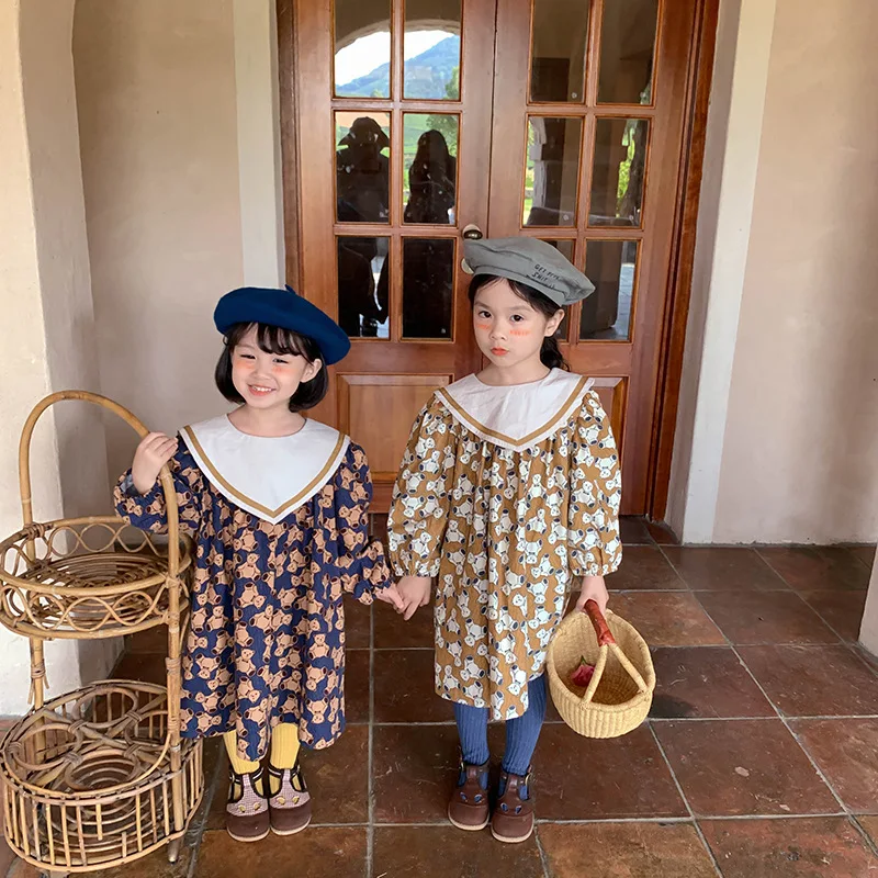 

2021 autumn and winter Korean new girl's frosted bear dress college Lapel long sleeve dress thick