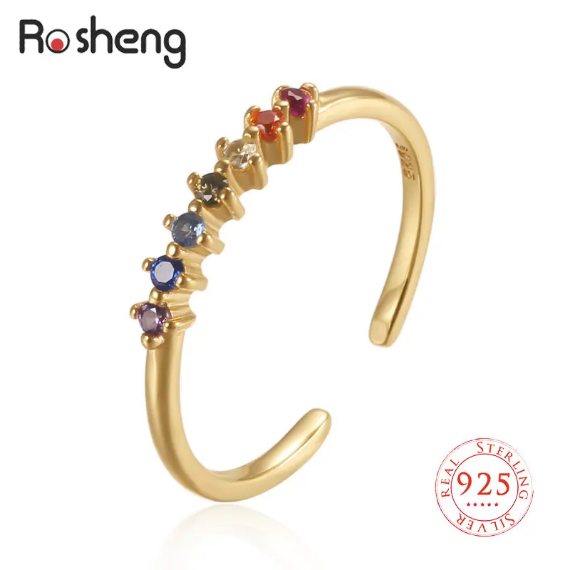 

100% 925 Sterling Silver Rainbow Zircon CZ Jewelry Stackable Engagement Zircon Open Size Rings for Women Female Gifts