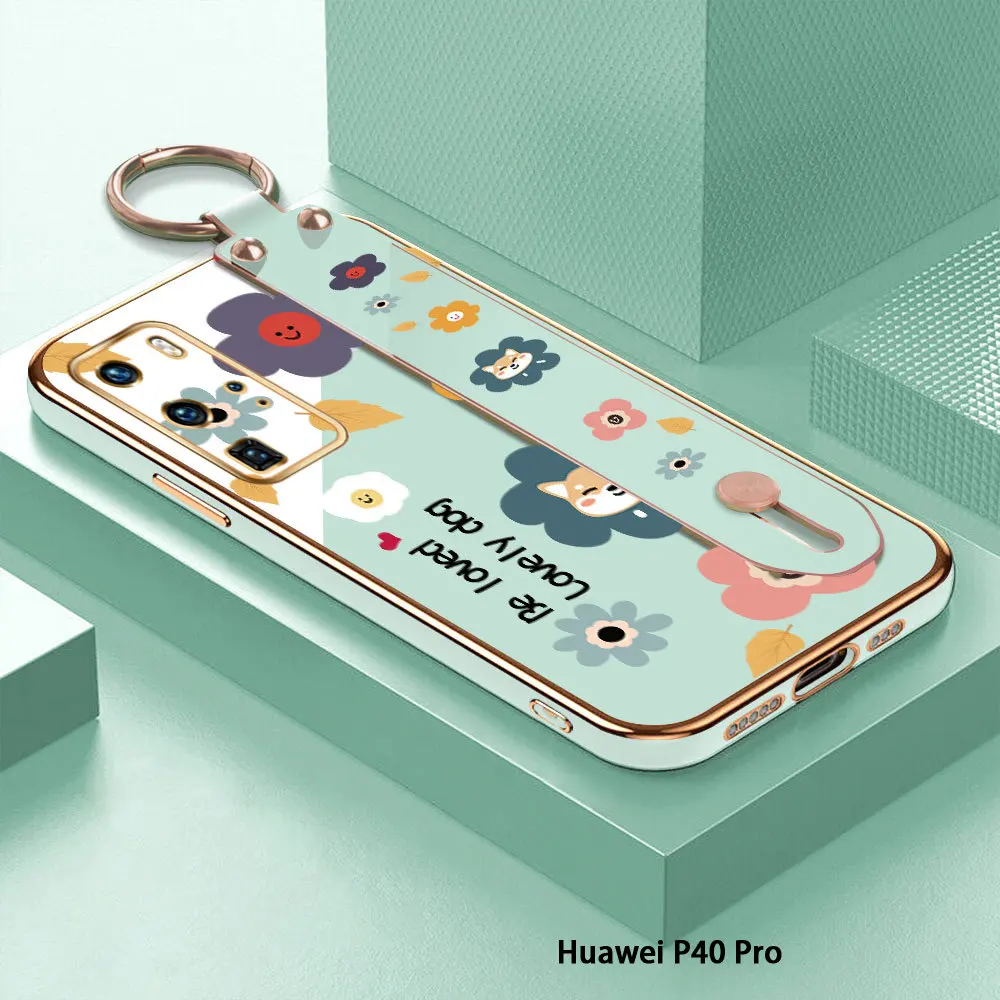 

(With Wristband) For Huawei P40 Pro P30 P20 P30 Lite Flower Back Cover Case Luxury Plating TPU Phone Cases