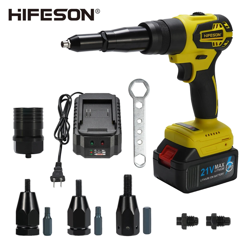 HIFESON Double Use Electric Rivet Nails Nuts Gun Drill Insert Rechargeable 21V Battery Automatic Rivet Tool For M3-M12 Nuts