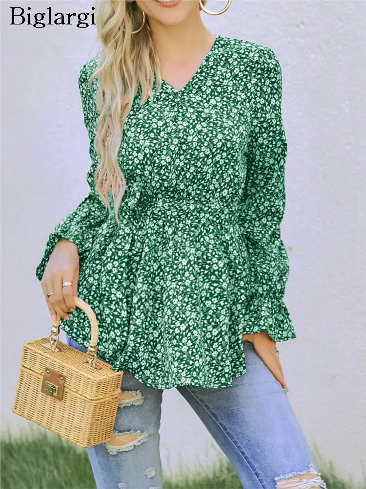 

Autumn Floral Tops Women Flower Print Fashion Ruffle Pleated Ladies Blouses Long Sleeve Casual Loose Woman Tops 2023