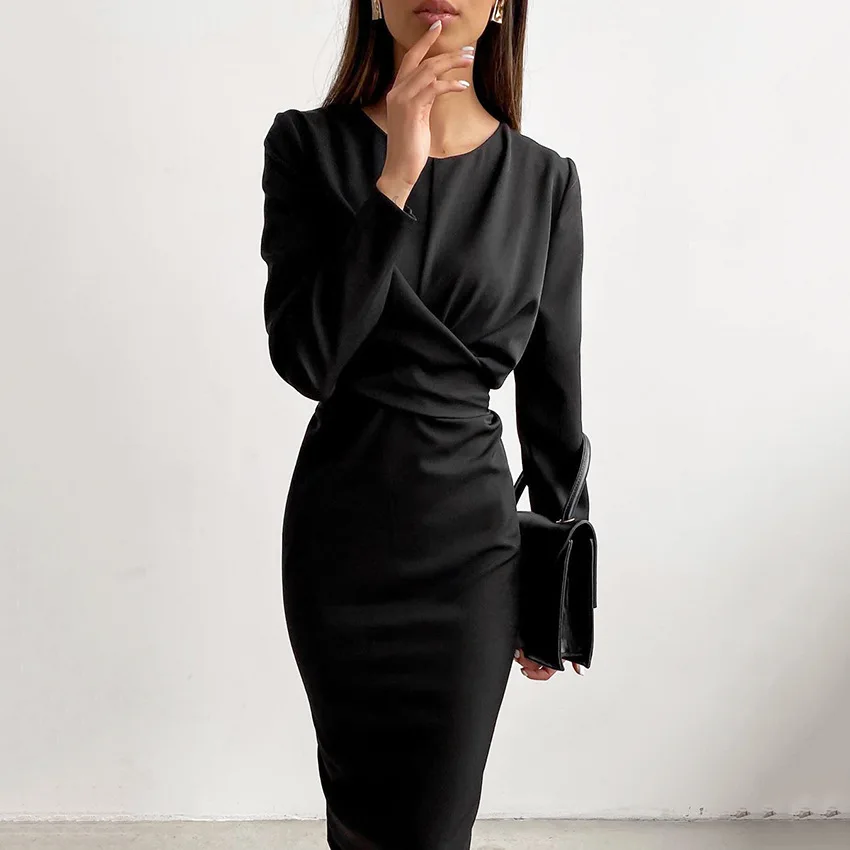 

2023 Spring Autumn Dress Office Lady Female Cross Ruched Back Slit Midi Dress Long Sleeve Omighty Dress Evening Night Gown Party
