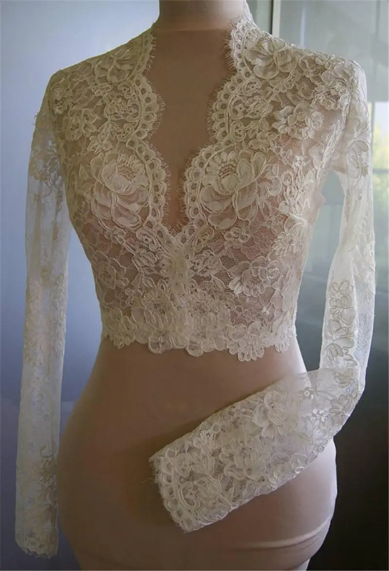 

Bridal Wraps Modest Alencon Lace Crystals V Neck Sheath Wedding Bridal Bolero For Long Sleeve Lace Applique Jacket