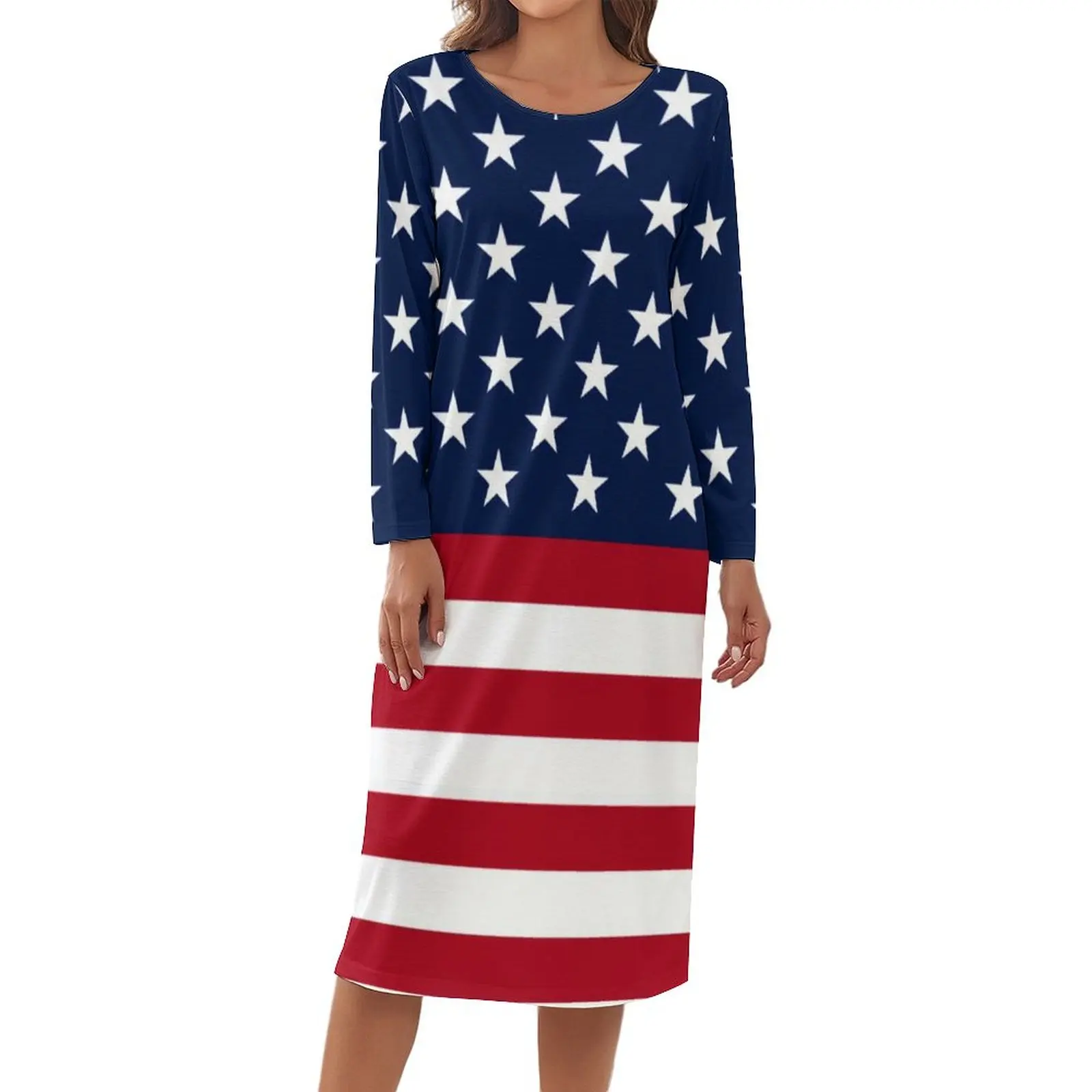 

Red And White Striped Pajamas Women Stars Spangled USA Flag Night Dresses Long-Sleeve Kawaii Nightwear O Neck Printed Pajama