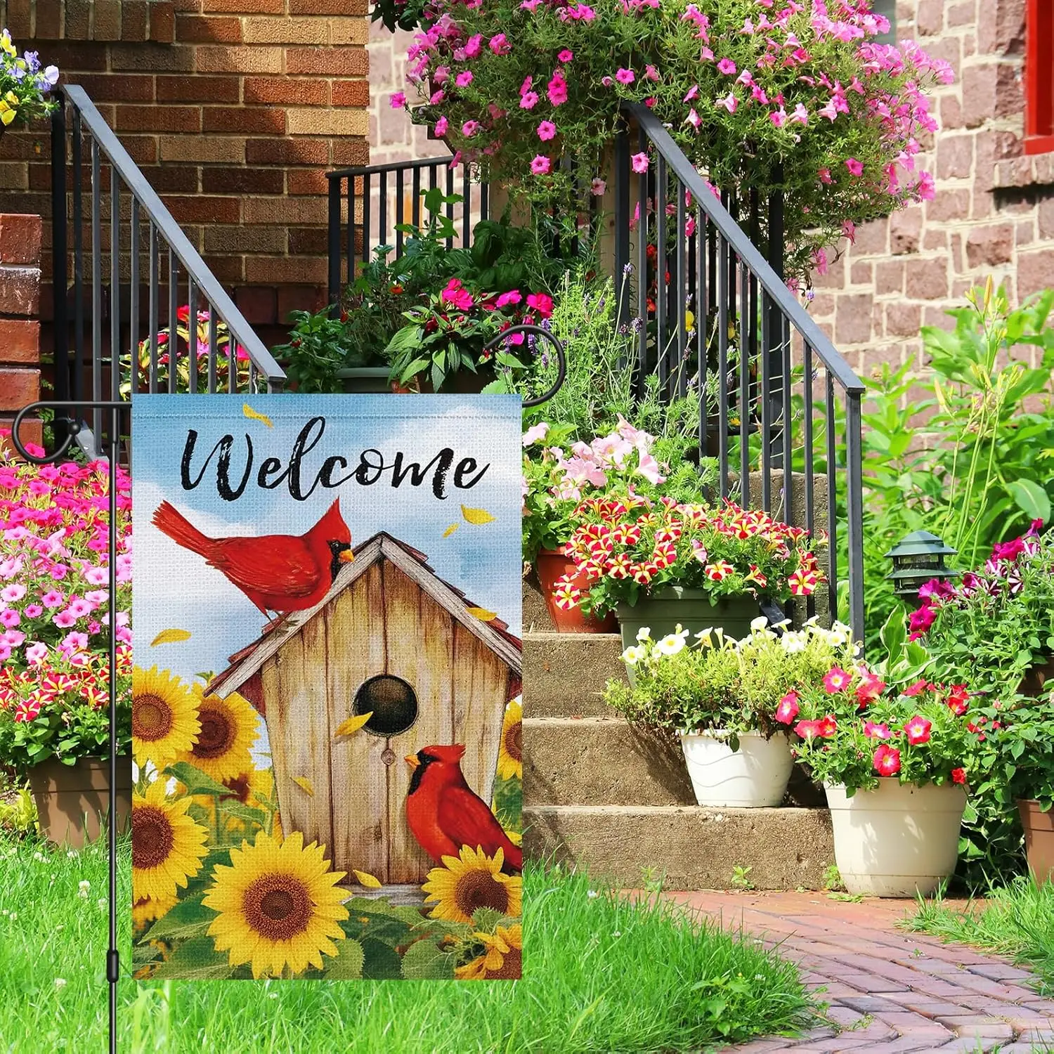 Фото Флаг для сада Heyfibro Summer Welcome с изображением кардинала, 12x18, двусторонний, из мешковины, весенне-осенний баннер с подсолнухами для двора, серия Rust AAS №3